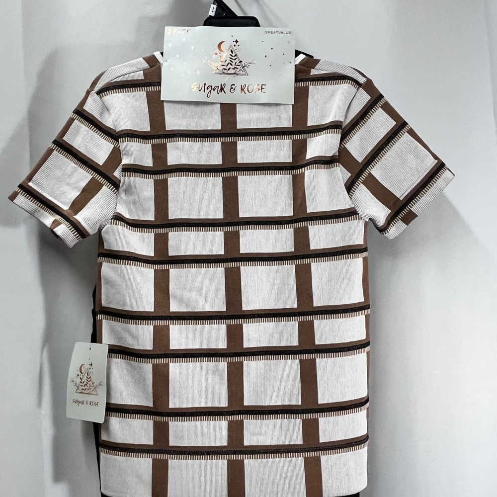 2 pc Top & Tank Set White Brown Black Plaid Black Tank Stretch S/ M Sugar & Rose